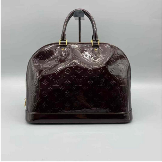 Louis Vuitton Large Burgundy Patent Leather Embossed Alma Handbag