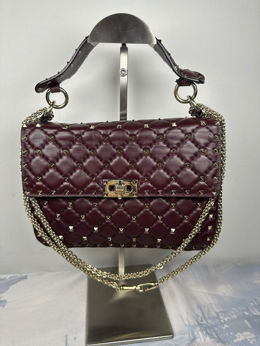 Valentino Medium Leather Burgundy Studded Turn-Lock Handbag and Shoulder Bag