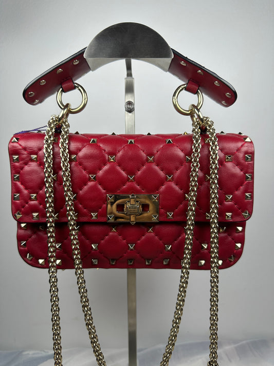 Valentino Minium Leather Burgundy Studded Turn-Lock Handbag and Shoulder Bag